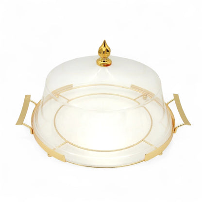 Luxury Round Acrylic Serving Tray with Dome Lid – Gold Handle Dessert Stand for Parties, Cakes & Home Entertaining - Damoo