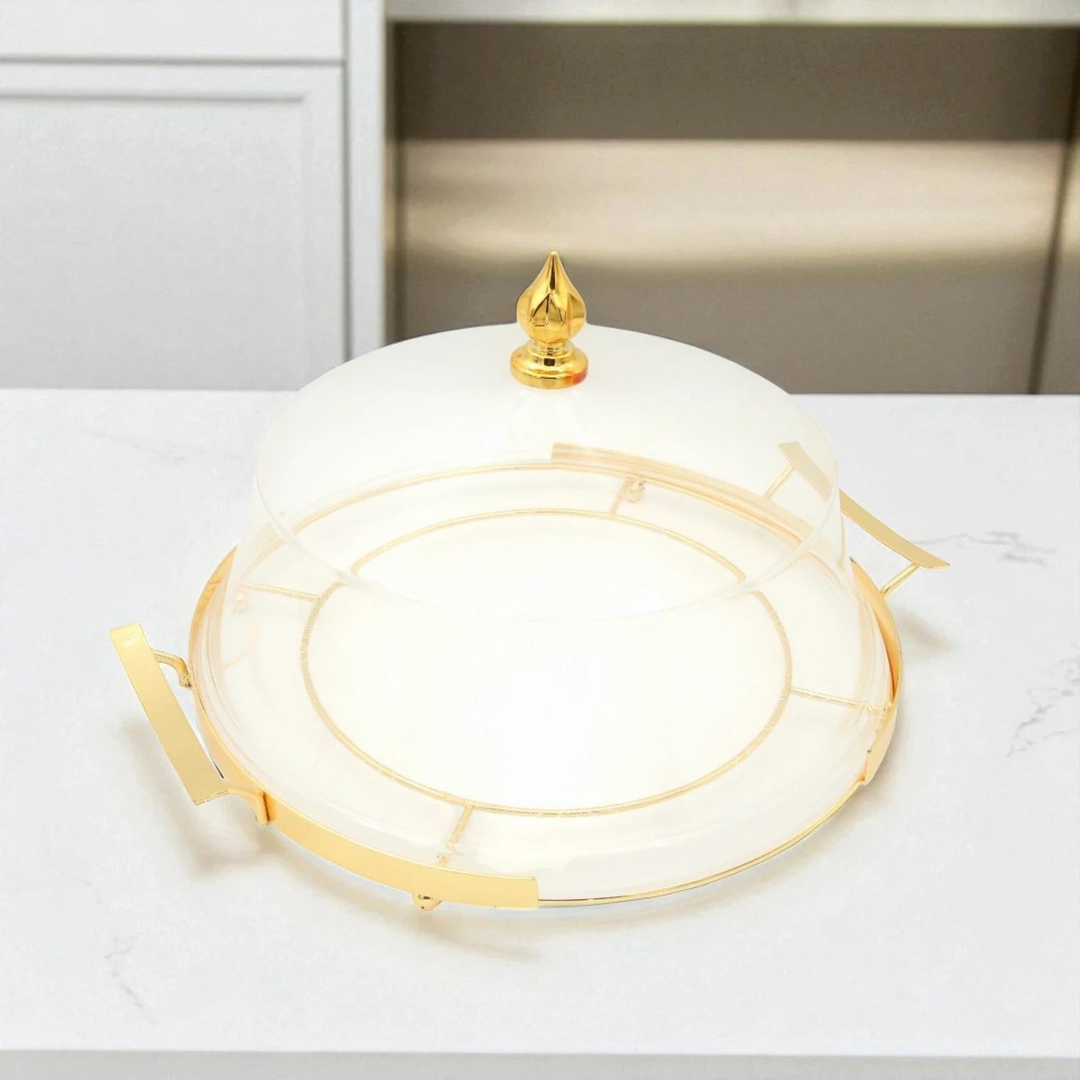Luxury Round Acrylic Serving Tray with Dome Lid – Gold Handle Dessert Stand for Parties, Cakes & Home Entertaining - Damoo
