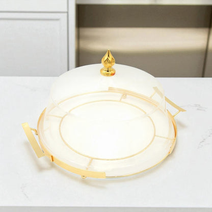 Luxury Round Acrylic Serving Tray with Dome Lid – Gold Handle Dessert Stand for Parties, Cakes & Home Entertaining - Damoo
