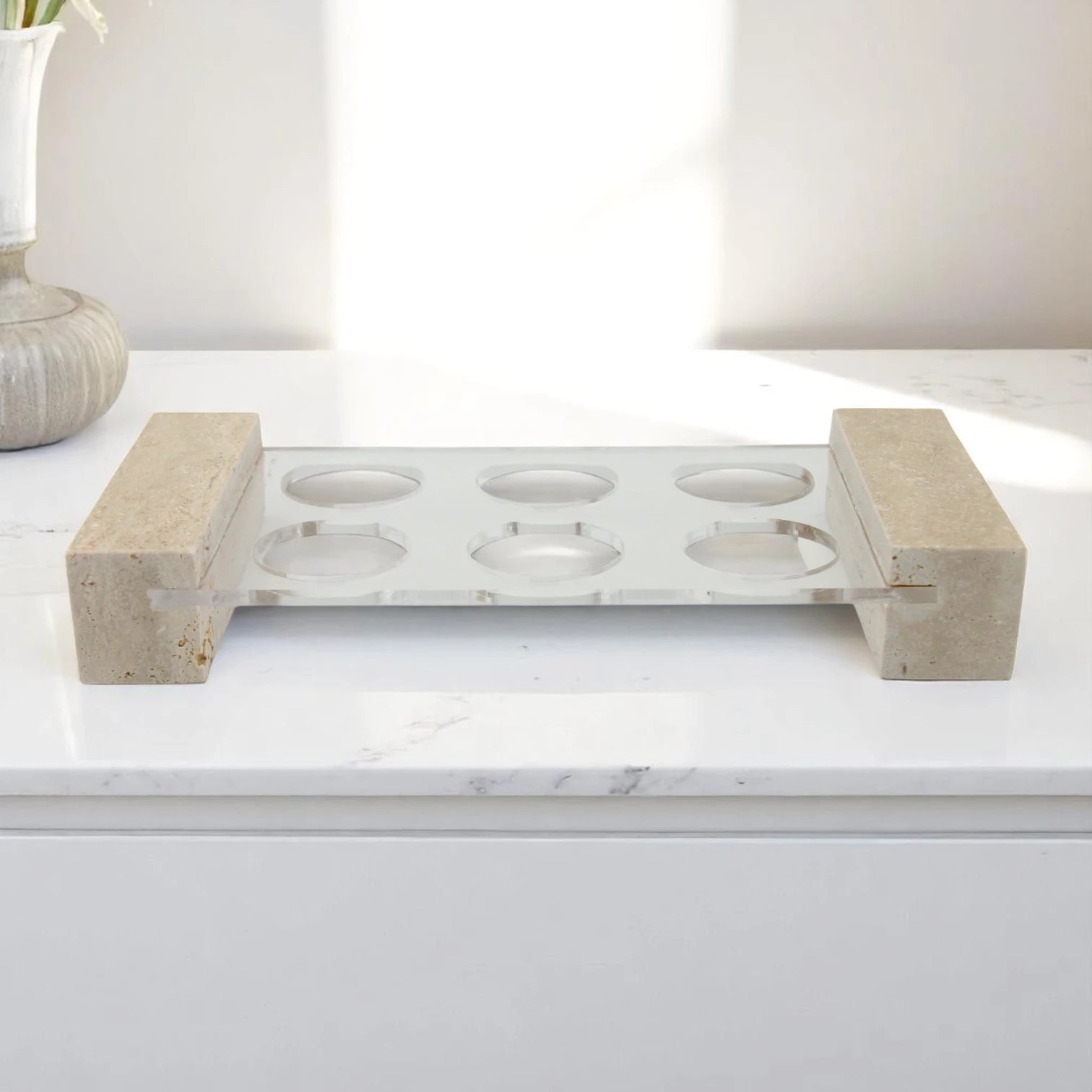 Luxury Travertine & Acrylic Essential Oil Holder – 6 Bottle Display Stand for Countertops, Vanity & Aromatherapy Storage - Damoo