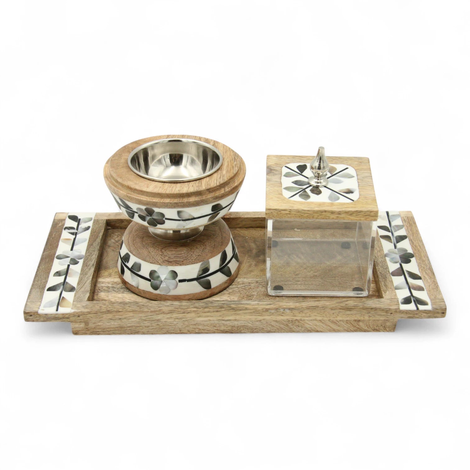 Luxury Wooden Incense Burner Set with Wood – Includes Decorative Mabkhara, Acrylic Bakhoor Storage Box & Matching Tray – Elegant Arabic Home Decor for Majlis & Gifting - Damoo