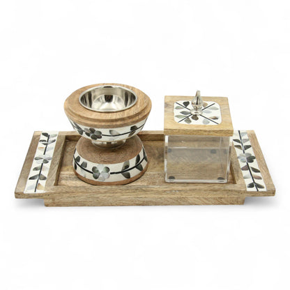 Luxury Wooden Incense Burner Set with Wood – Includes Decorative Mabkhara, Acrylic Bakhoor Storage Box & Matching Tray – Elegant Arabic Home Decor for Majlis & Gifting - Damoo