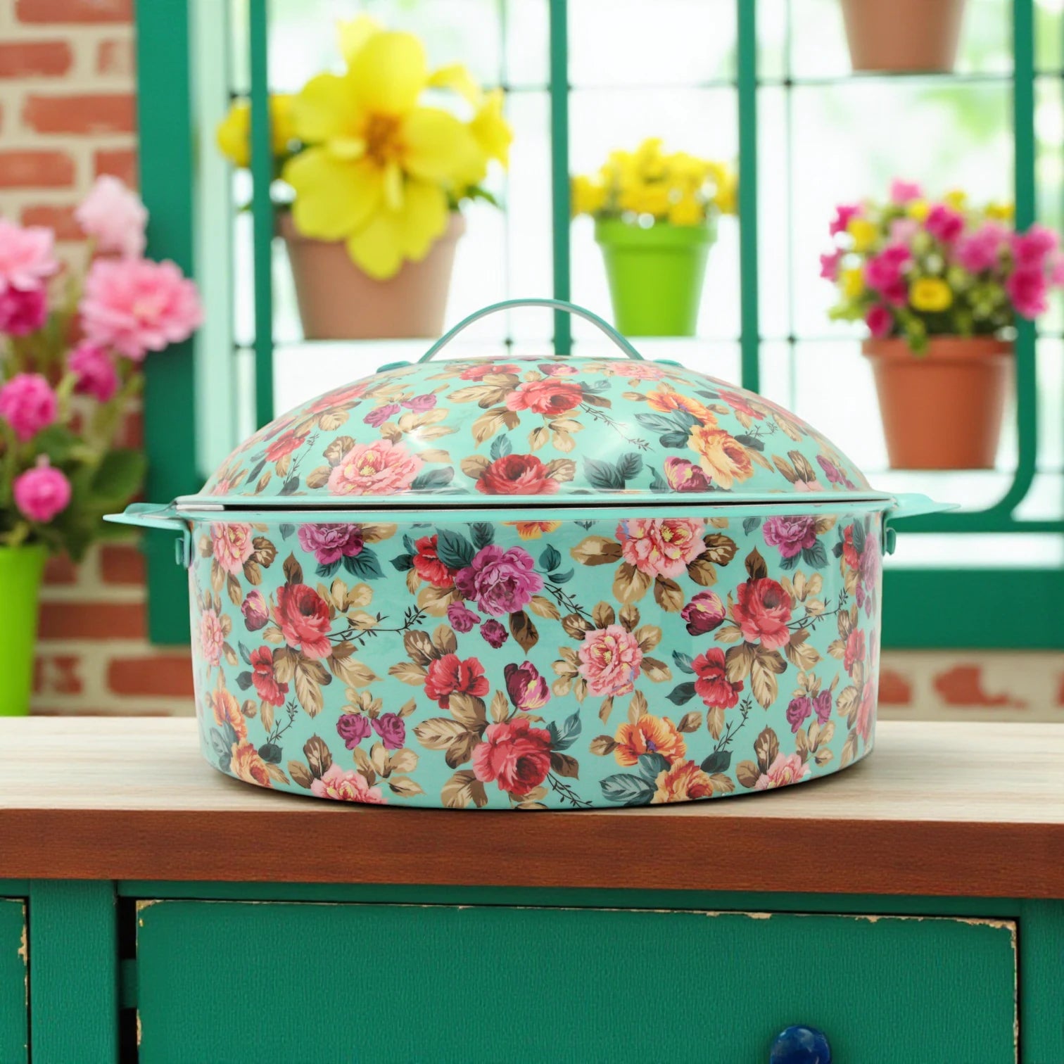 May Flower Floral Stainless Steel Insulated Food Warmer – Large Thermal Hot Pot with Lid for Serving & Storage - 3500ml - Damoo