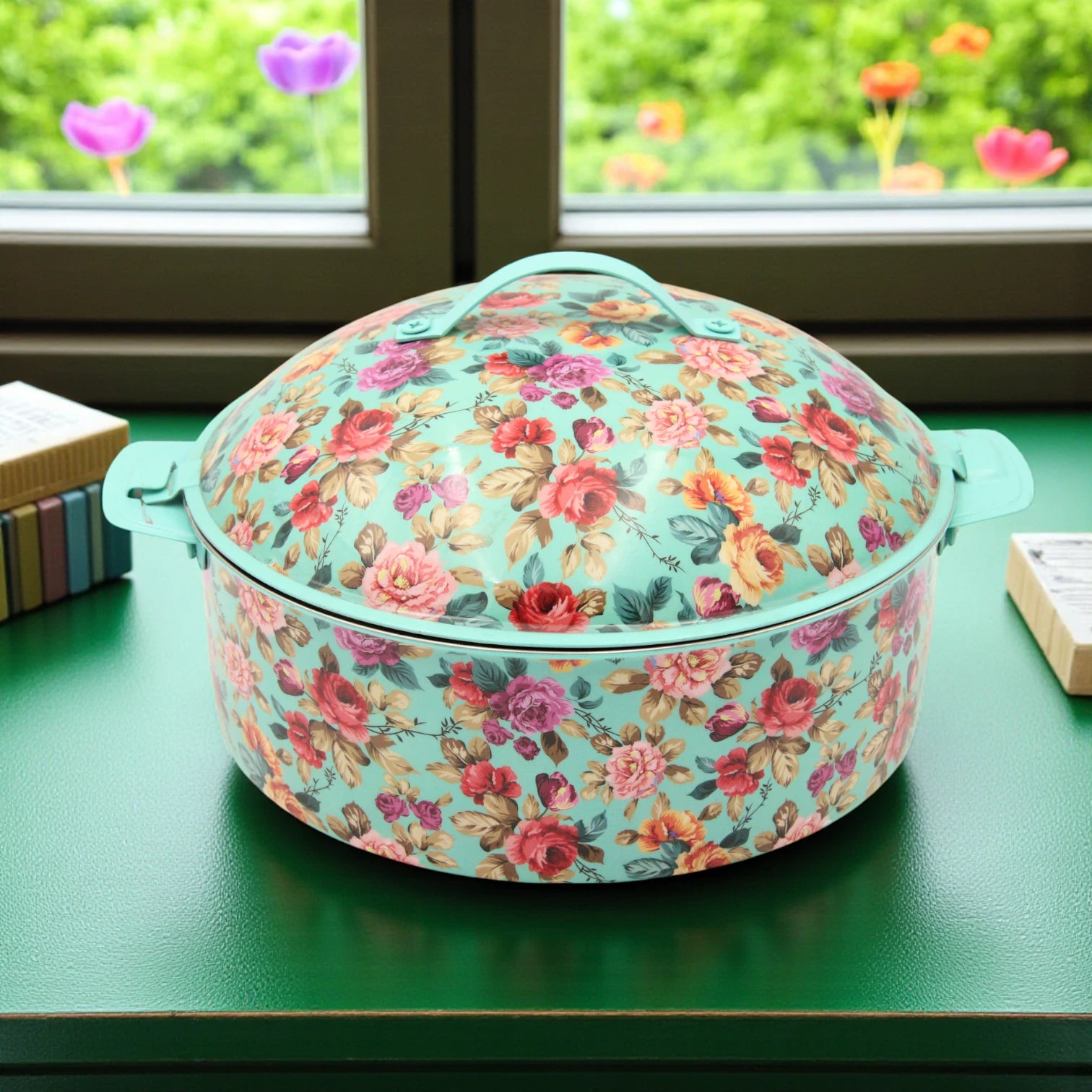 May Flower Floral Stainless Steel Insulated Food Warmer – Large Thermal Hot Pot with Lid for Serving & Storage - 3500ml - Damoo