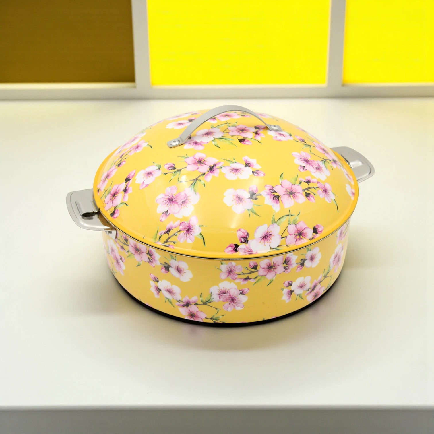 MayFlower Yellow Floral Hot Pot – 3500ml Thermal Casserole with Stainless Steel Interior – Elegant Food Warmer with Lid – Keeps Meals Hot & Fresh - Damoo