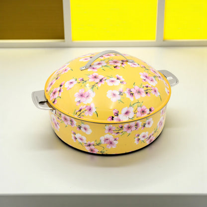 MayFlower Yellow Floral Hot Pot – 3500ml Thermal Casserole with Stainless Steel Interior – Elegant Food Warmer with Lid – Keeps Meals Hot & Fresh - Damoo