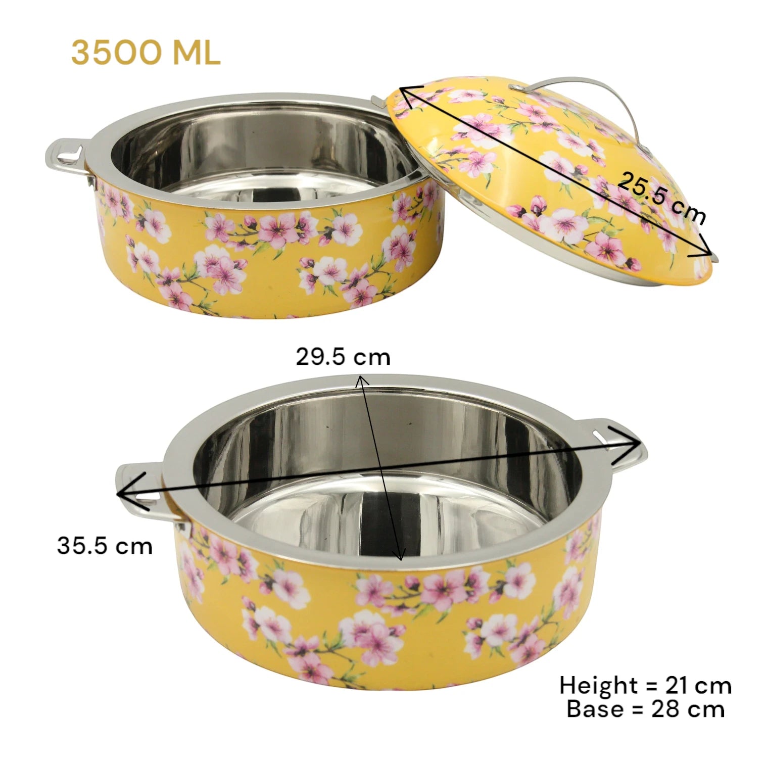 MayFlower Yellow Floral Hot Pot – 3500ml Thermal Casserole with Stainless Steel Interior – Elegant Food Warmer with Lid – Keeps Meals Hot & Fresh - Damoo