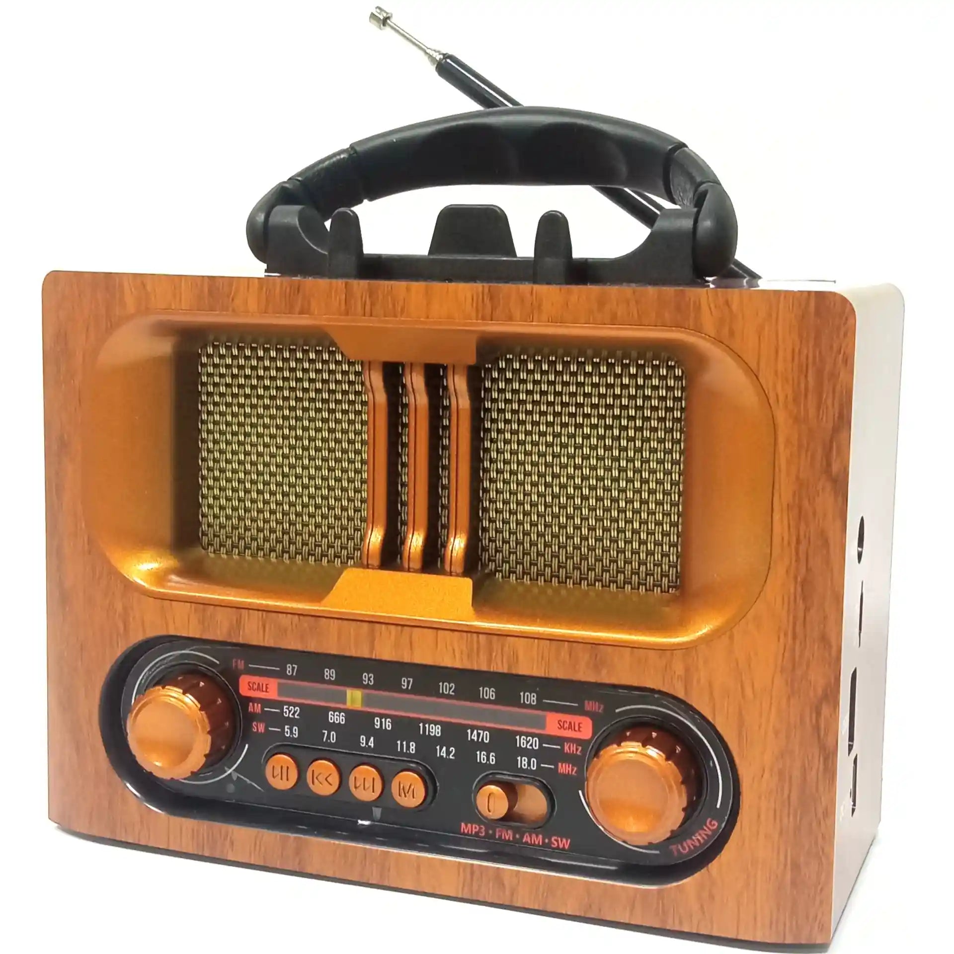 Meier Retro Wood Grain Radio – Bluetooth, FM/AM/SW, USB, TF Card, MP3, AUX Input – Rechargeable with 1200mAh Battery & Dual Power Option – Vintage Style Speaker - M-1931BT - Damoo