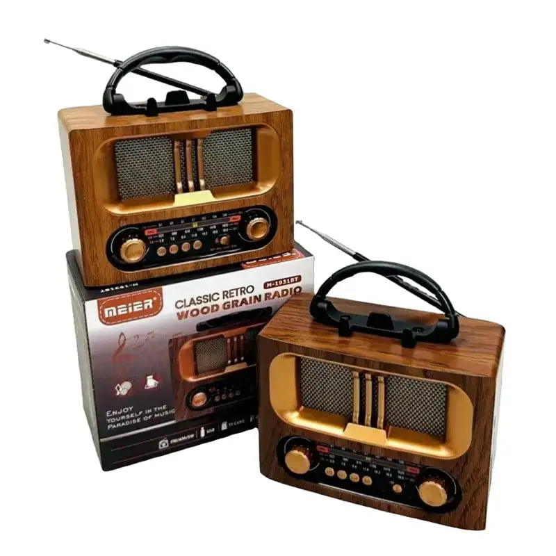 Meier Retro Wood Grain Radio – Bluetooth, FM/AM/SW, USB, TF Card, MP3, AUX Input – Rechargeable with 1200mAh Battery & Dual Power Option – Vintage Style Speaker - M-1931BT - Damoo