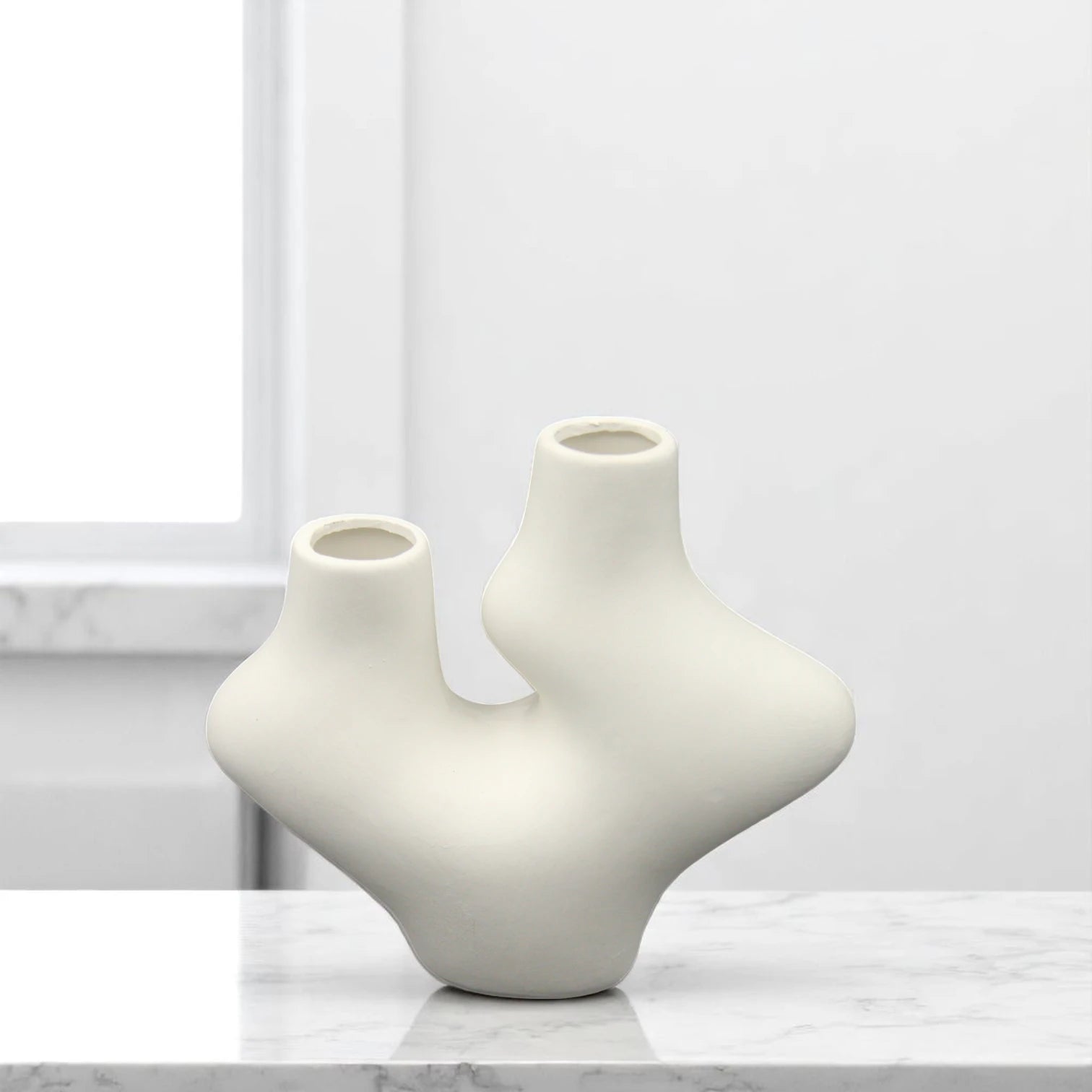 Modern Abstract Dual-Opening Ceramic Vase – Sculptural White Minimalist Home Decor for Table, Shelf, or Entryway Styling - Damoo
