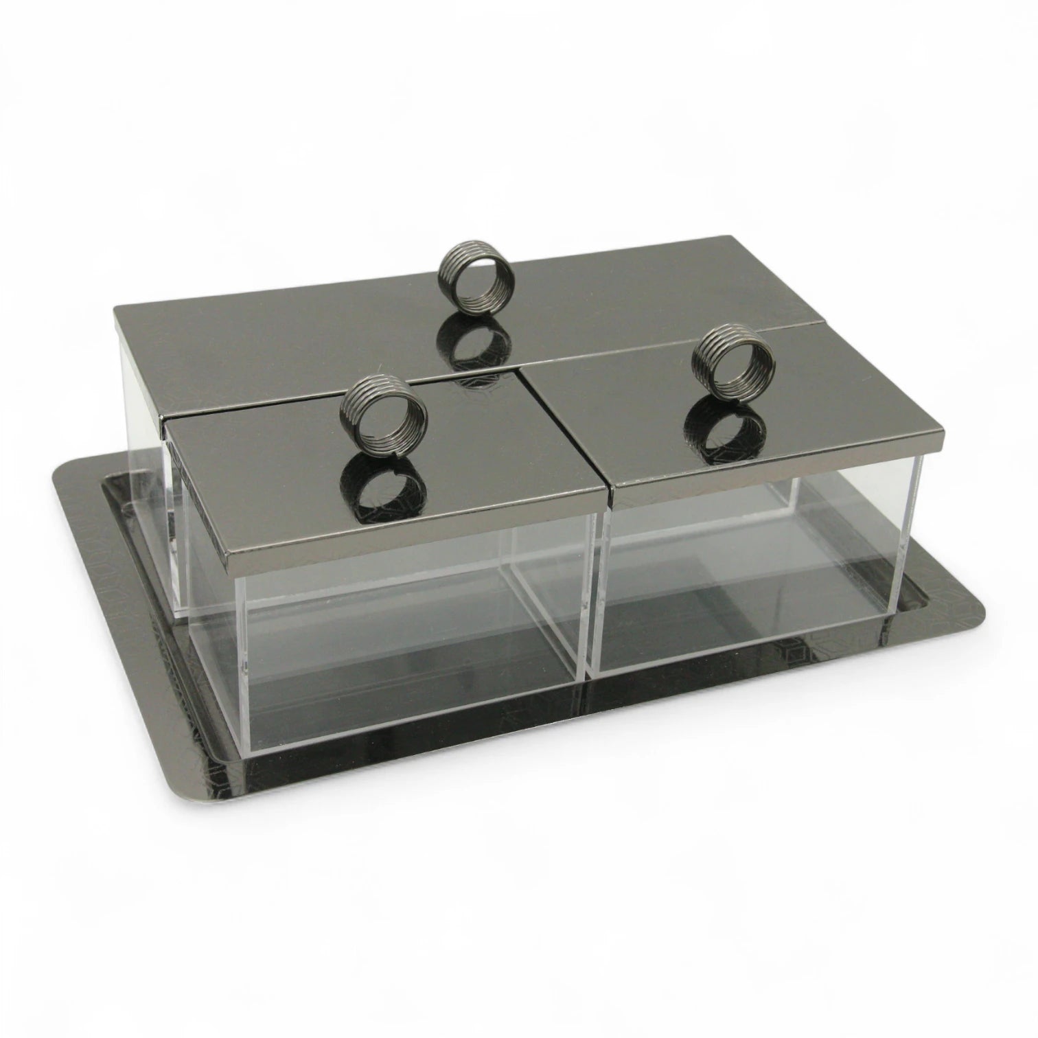 Modern Acrylic Condiment Box Set with Sleek Black Metal Lids – 3-Compartment Spice, Snack, or Sugar Organizer on Matching Tray - Damoo