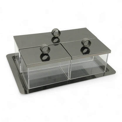 Modern Acrylic Condiment Box Set with Sleek Black Metal Lids – 3-Compartment Spice, Snack, or Sugar Organizer on Matching Tray - Damoo