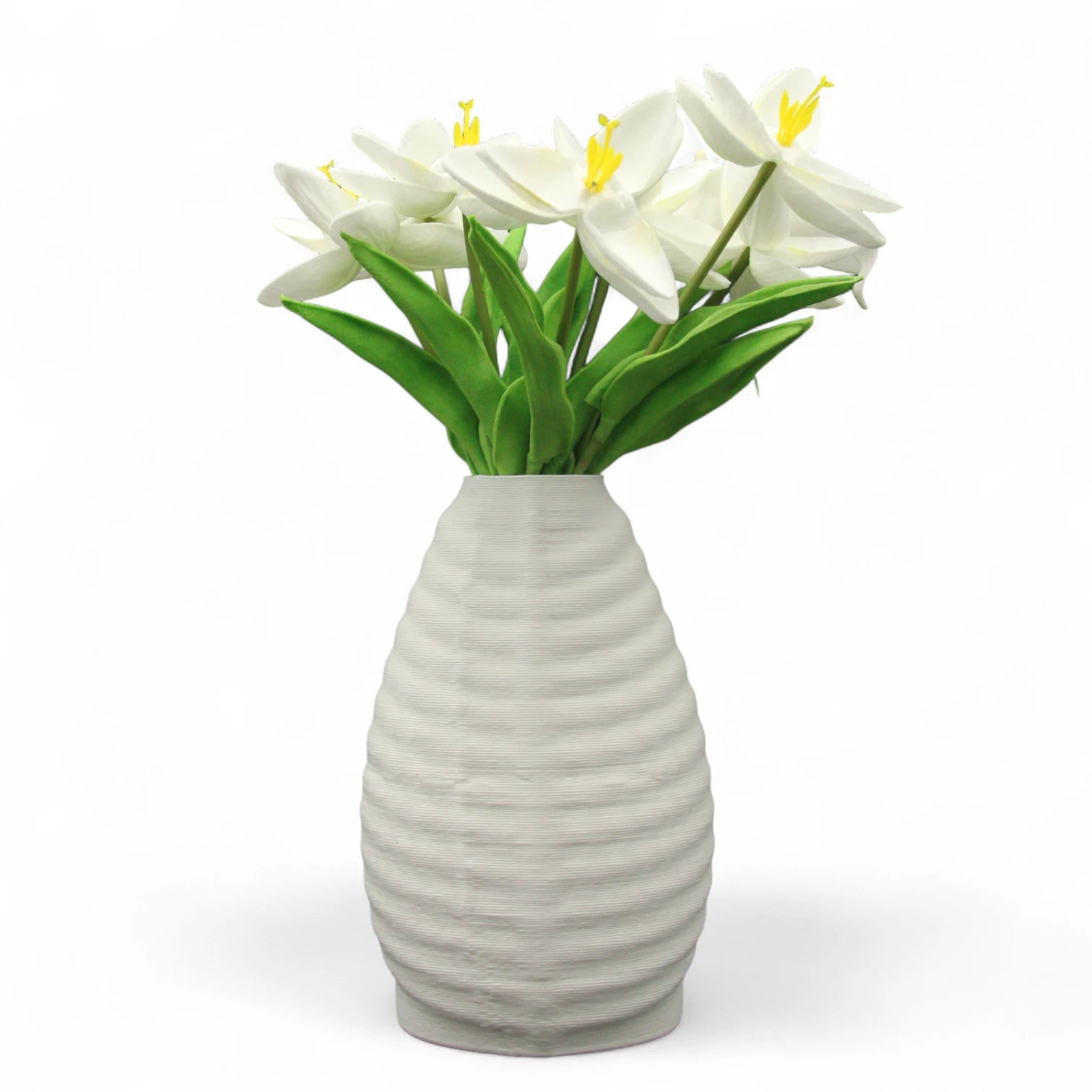 Modern Damoo White Textured Flower Vase with Artificial White Tulips – Elegant Home & Office Décor Accent - Damoo