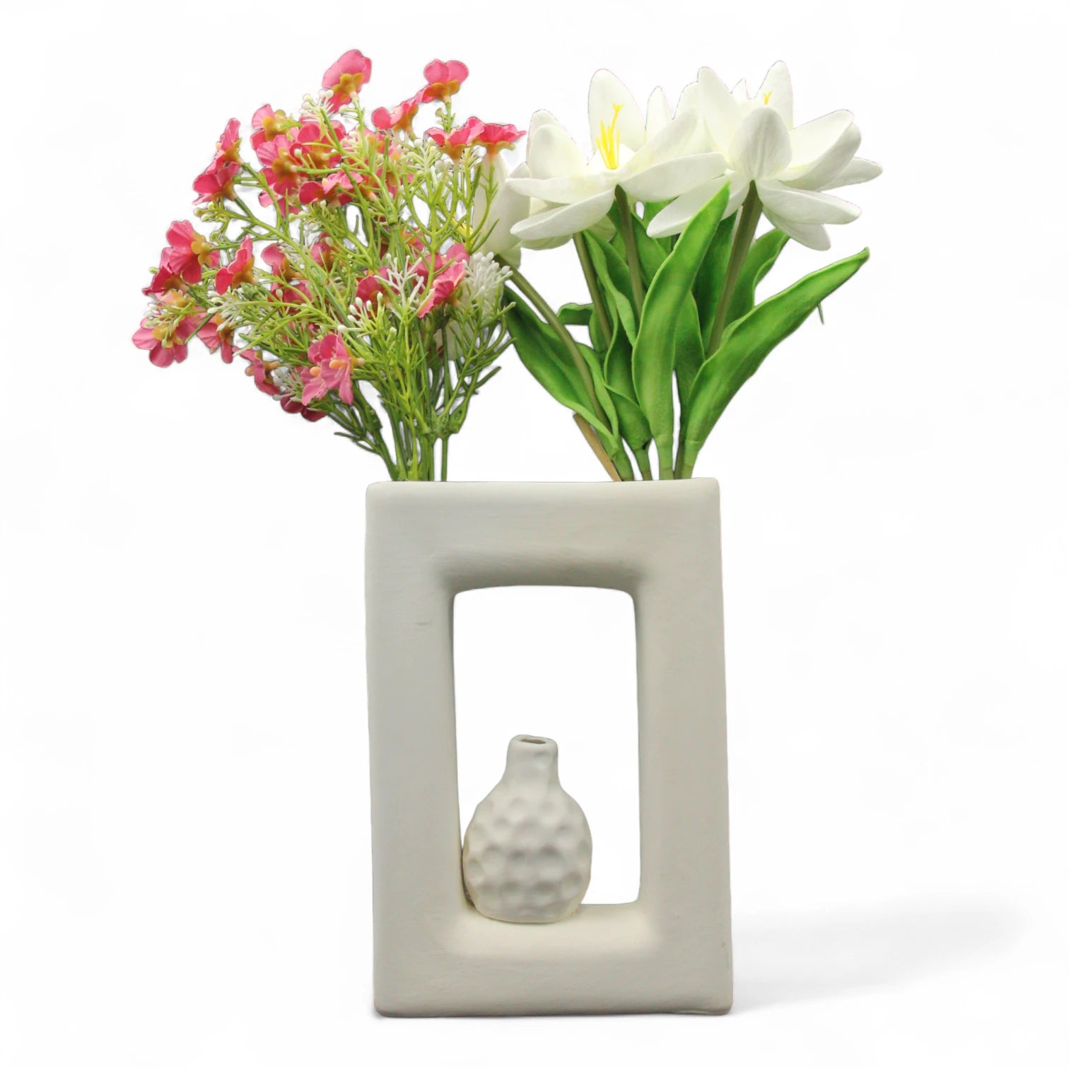 Modern Geometric Ceramic Flower Vase with Built-In Mini Textured Pot – Sculptural White Hollow Design for Home & Office Decor - Damoo