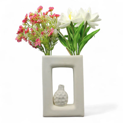 Modern Geometric Ceramic Flower Vase with Built-In Mini Textured Pot – Sculptural White Hollow Design for Home & Office Decor - Damoo