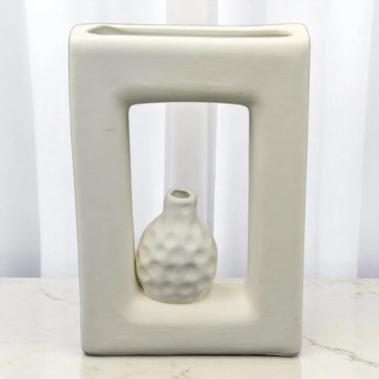 Modern Geometric Ceramic Flower Vase with Built-In Mini Textured Pot – Sculptural White Hollow Design for Home & Office Decor - Damoo