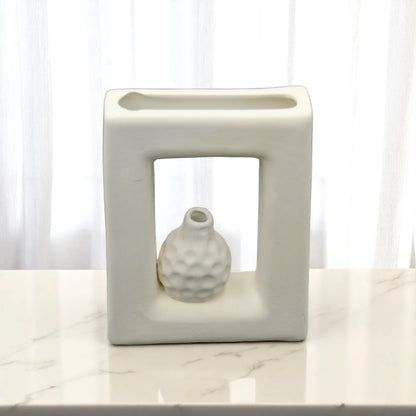 Modern Geometric Ceramic Flower Vase with Built-In Mini Textured Pot – Sculptural White Hollow Design for Home & Office Decor - Damoo