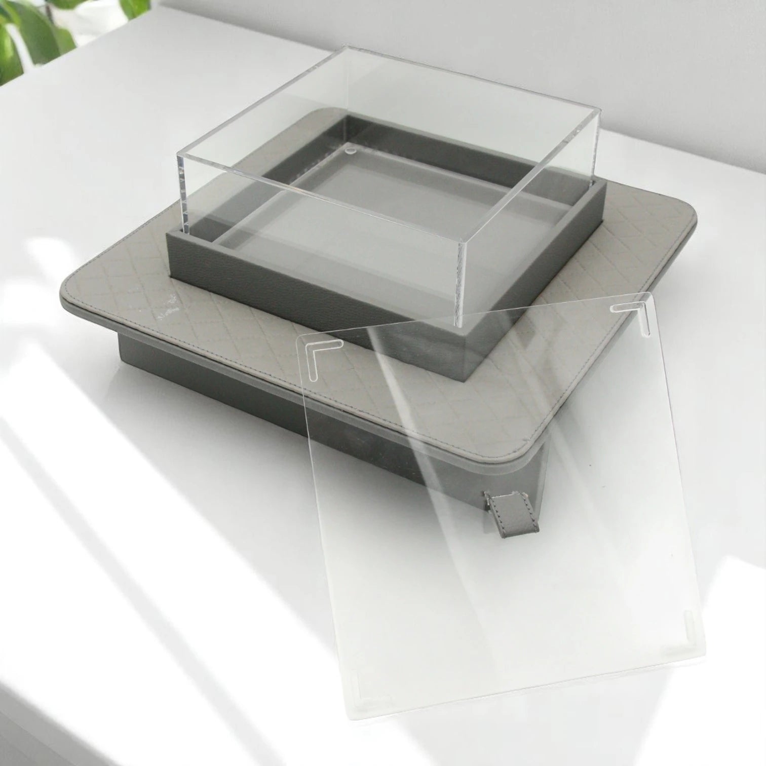 Modern Gray Quilted Faux Leather Display Tray with Clear Acrylic Lid – Elevated Organizer for Jewelry, Perfume, Makeup & More - Damoo