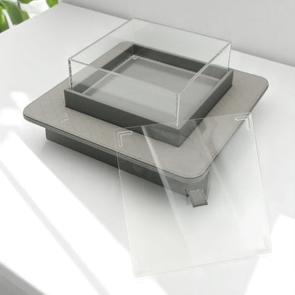 Modern Gray Quilted Faux Leather Display Tray with Clear Acrylic Lid – Elevated Organizer for Jewelry, Perfume, Makeup & More - Damoo