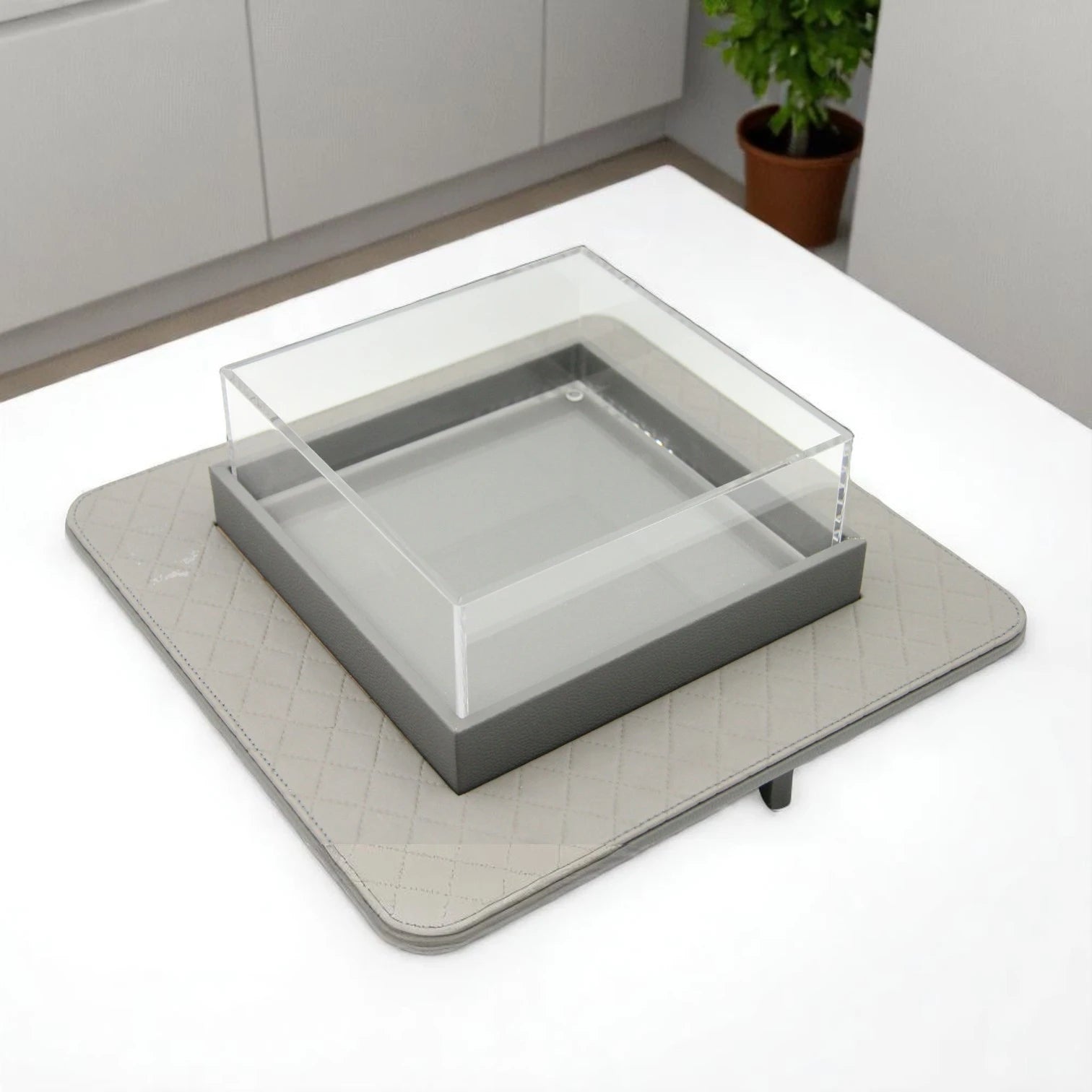 Modern Gray Quilted Faux Leather Display Tray with Clear Acrylic Lid – Elevated Organizer for Jewelry, Perfume, Makeup & More - Damoo