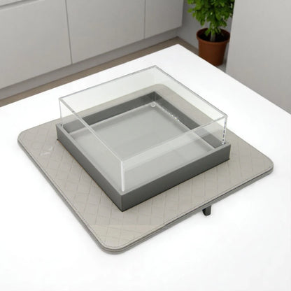 Modern Gray Quilted Faux Leather Display Tray with Clear Acrylic Lid – Elevated Organizer for Jewelry, Perfume, Makeup & More - Damoo