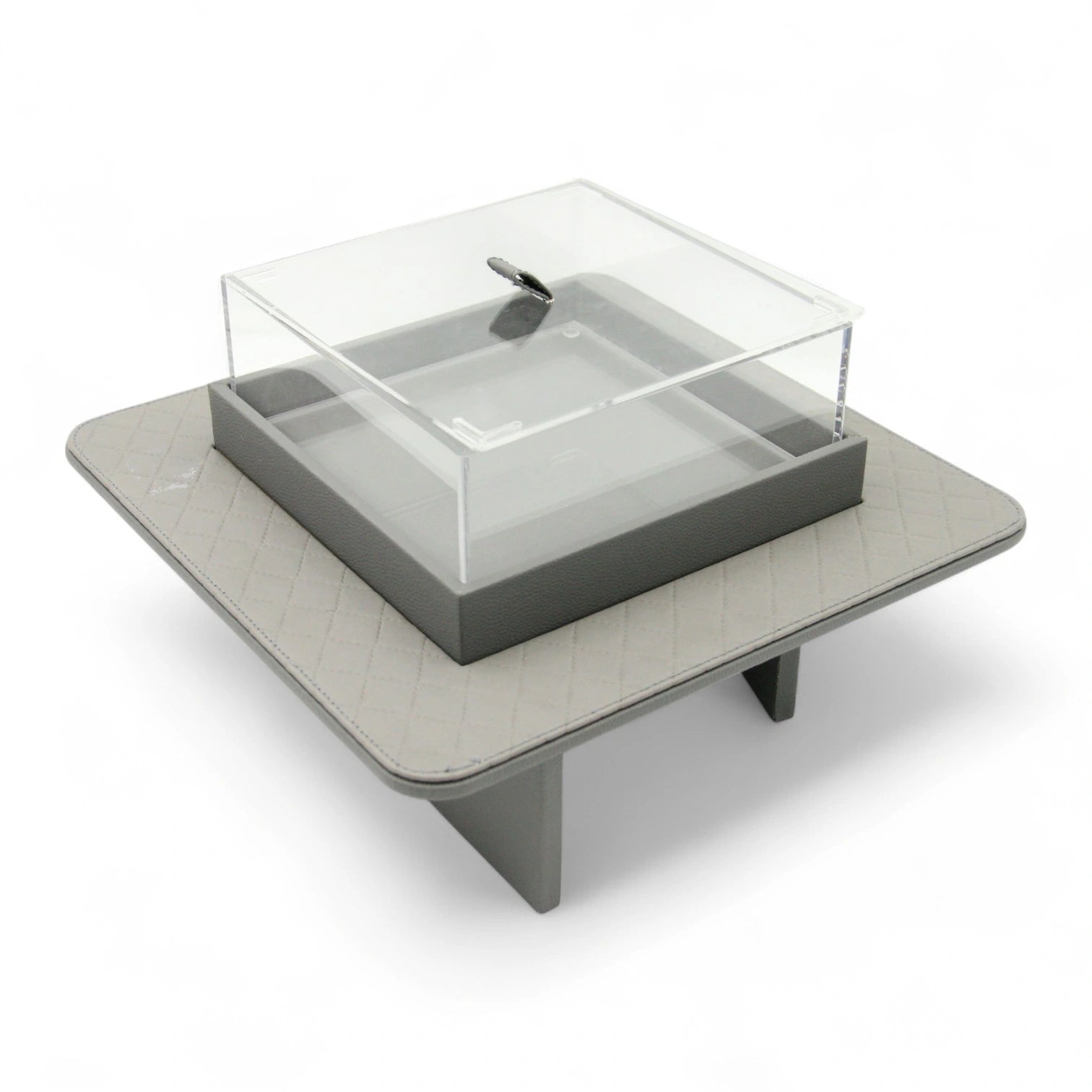 Modern Gray Quilted Faux Leather Display Tray with Clear Acrylic Lid – Elevated Organizer for Jewelry, Perfume, Makeup & More - Damoo
