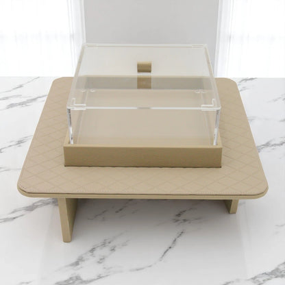Modern Gray Quilted Faux Leather Display Tray with Clear Acrylic Lid – Elevated Organizer for Jewelry, Perfume, Makeup & More - Damoo