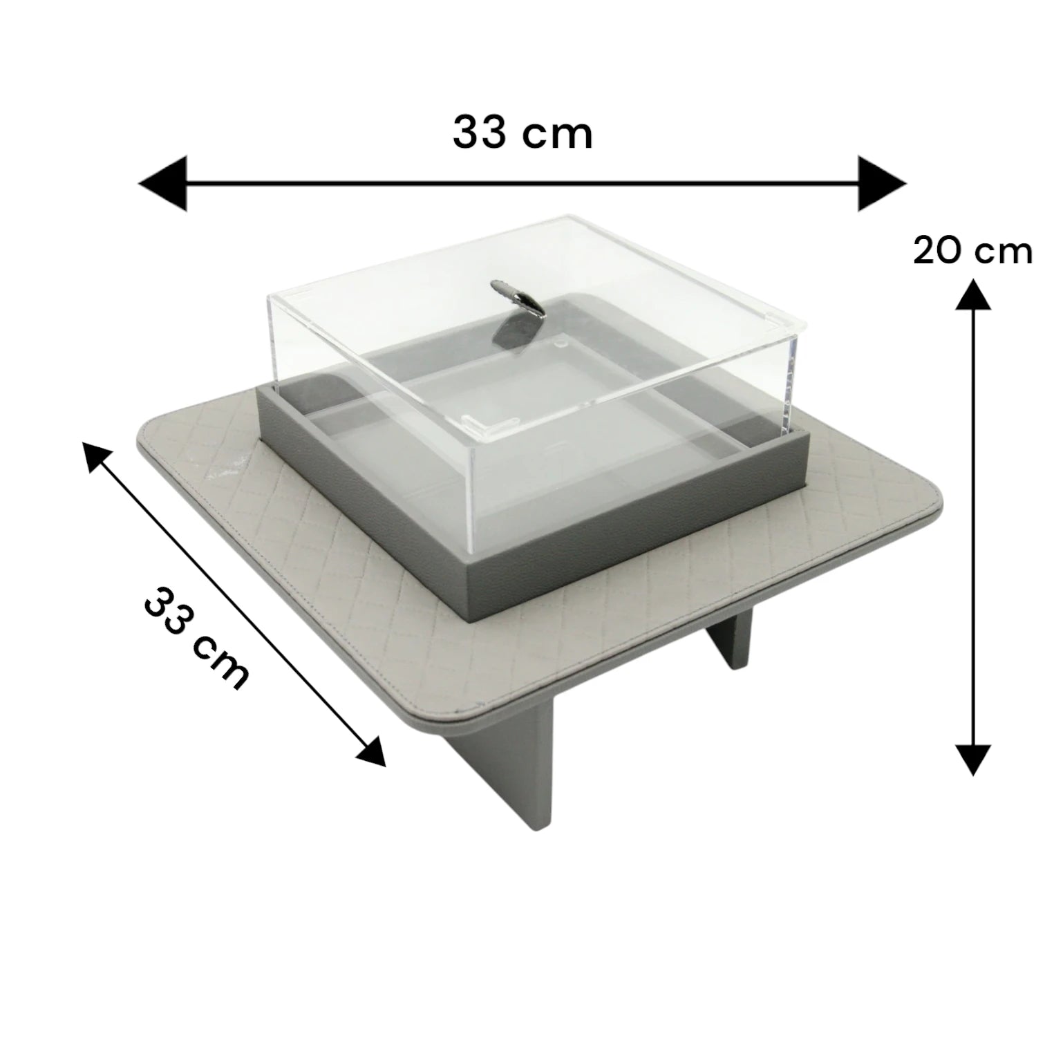 Modern Gray Quilted Faux Leather Display Tray with Clear Acrylic Lid – Elevated Organizer for Jewelry, Perfume, Makeup & More - Damoo