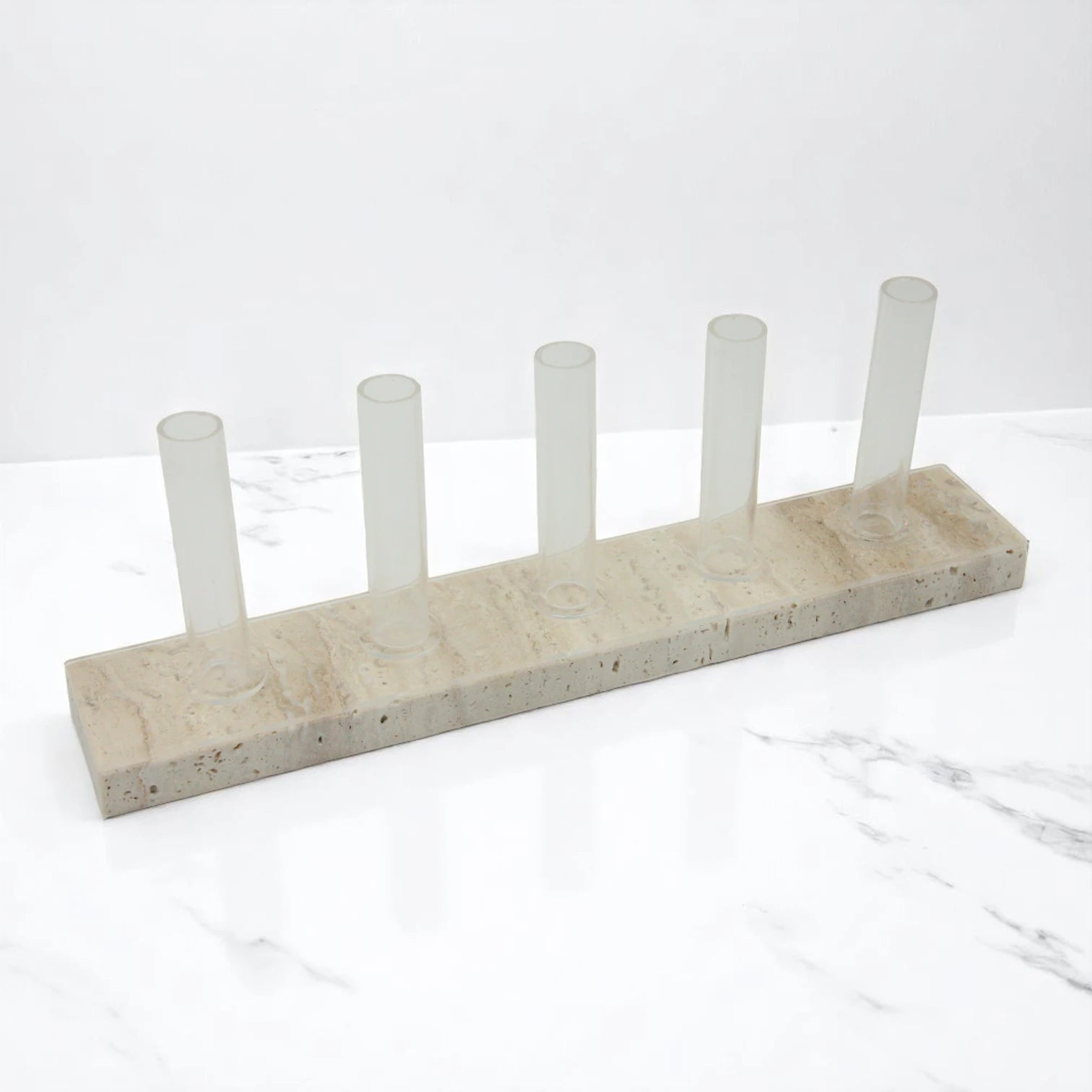 Modern Marble Beige Vase with Five Glass Tubes – Sculptural Rectangular Marble Base for Elegant Dining Table, Living Room, or Office Decor - Damoo