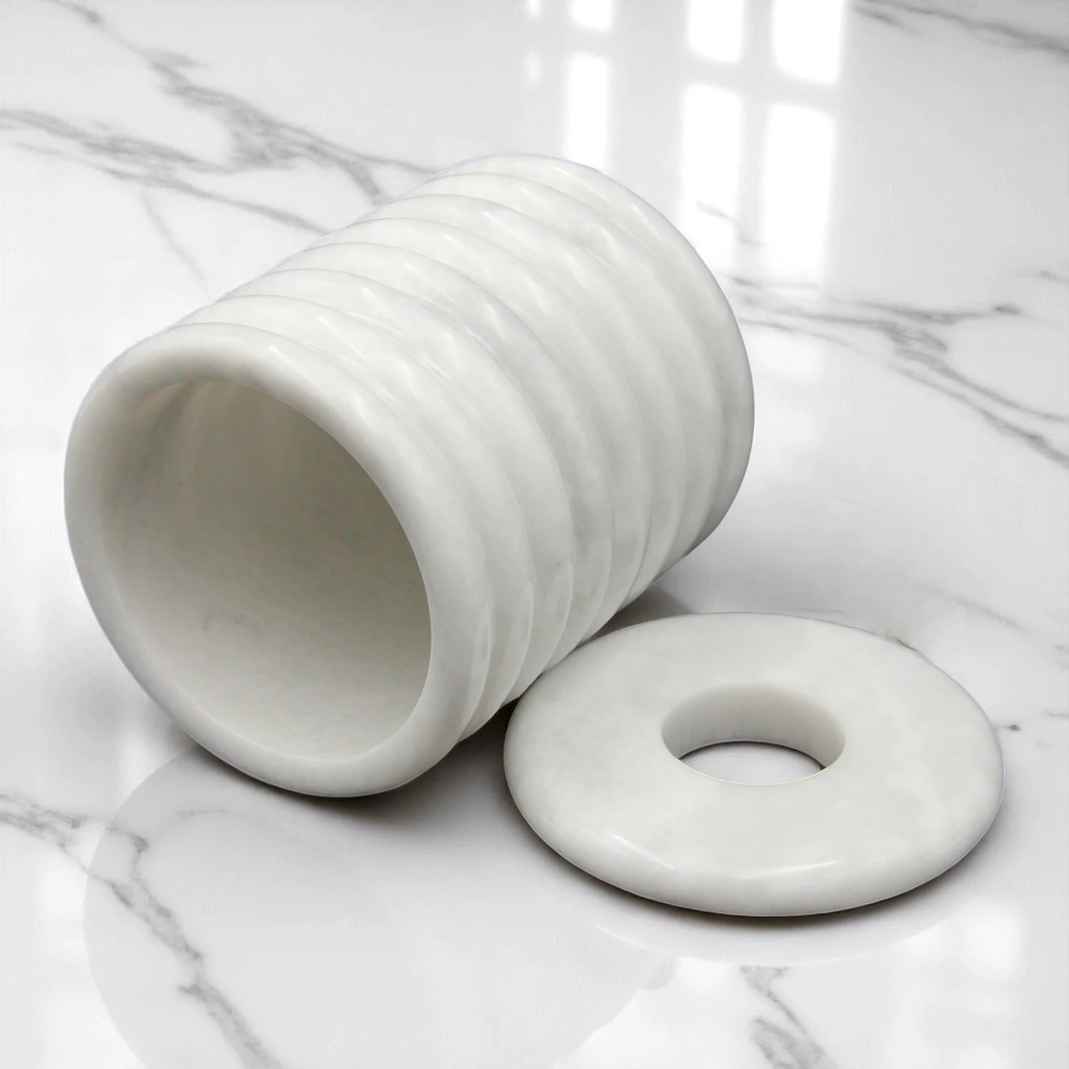 Modern Marble-Style Decorative Cylinder with lid – Minimalist Stone-Look Sculpture/ vase for Home, Bathroom, Kitchen, Vanity, or Office Decor - Contemporary Accent for Shelf, Tabletop & Entryway - Damoo
