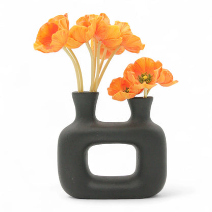 Modern Matte Black Ceramic Vase | Dual-Opening Abstract Sculptural Home Decor - Damoo