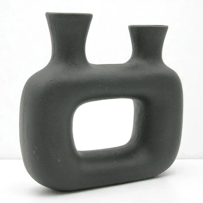 Modern Matte Black Ceramic Vase | Dual-Opening Abstract Sculptural Home Decor - Damoo