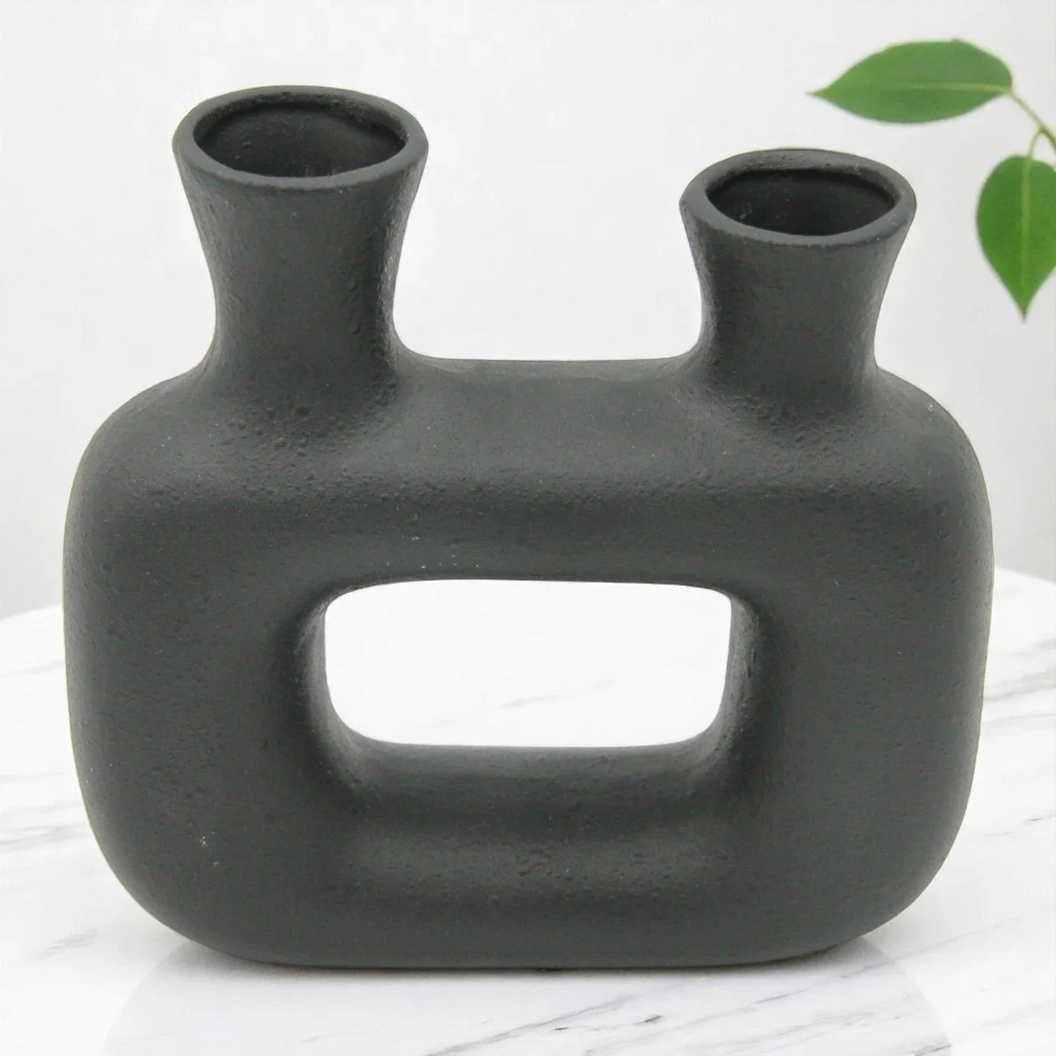 Modern Matte Black Ceramic Vase | Dual-Opening Abstract Sculptural Home Decor - Damoo
