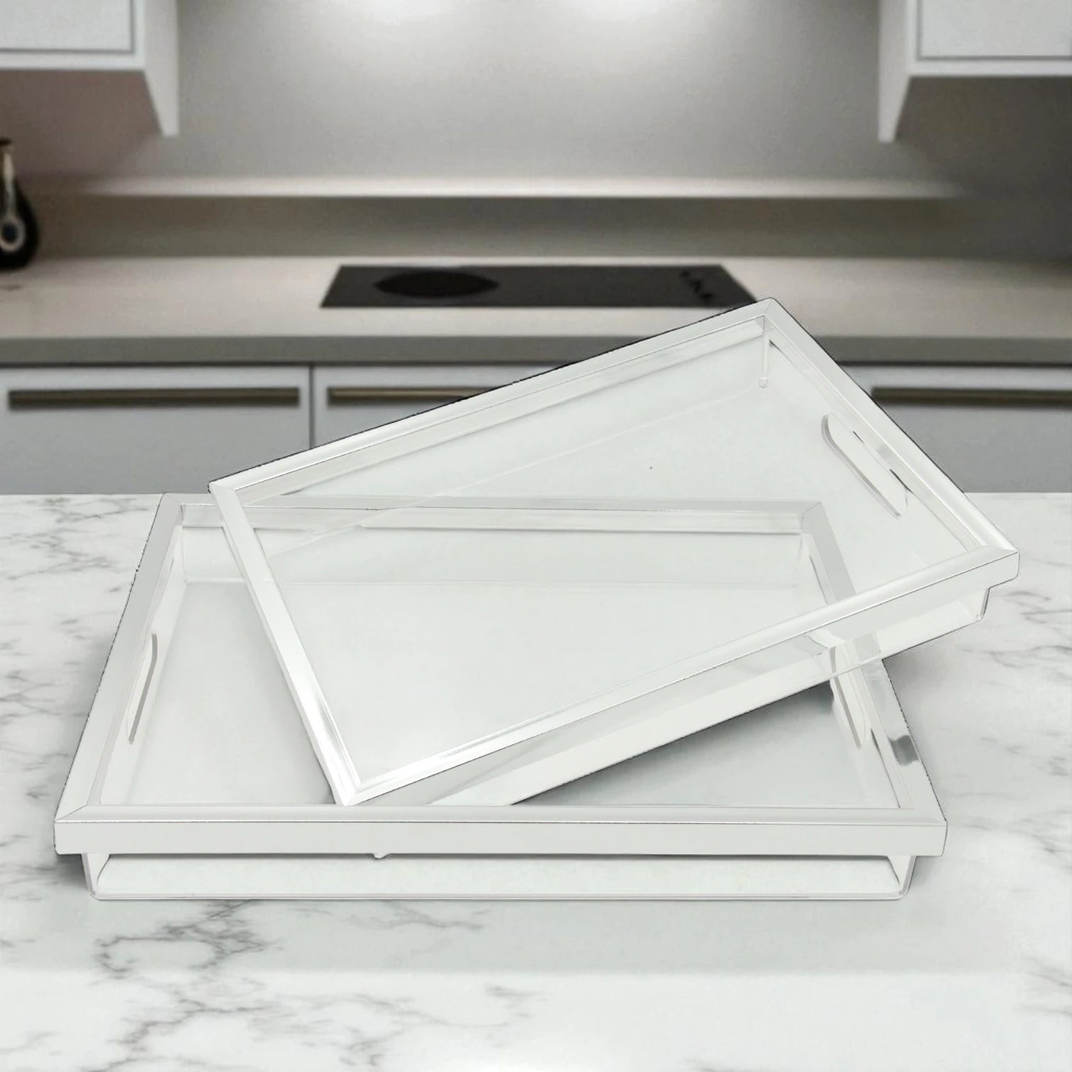Modern Rectangular Acrylic Tray Set – 2-Piece Serving & Organizer Trays with Frame and Handles for Coffee Table, Kitchen, Vanity & More - Damoo