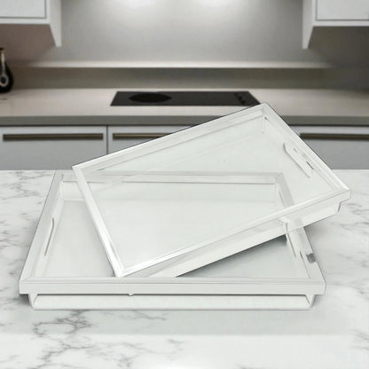 Modern Rectangular Acrylic Tray Set – 2-Piece Serving & Organizer Trays with Frame and Handles for Coffee Table, Kitchen, Vanity & More - Damoo