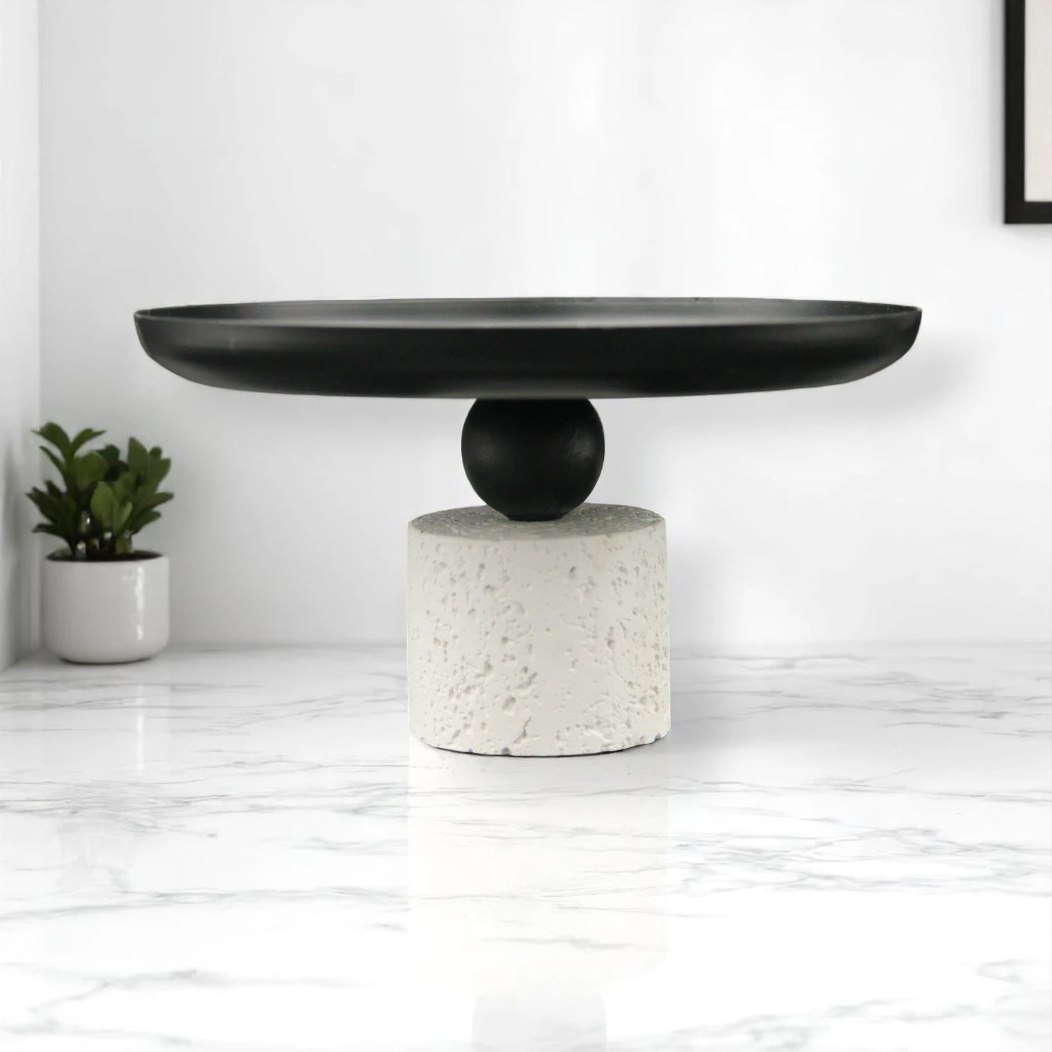 Modern Sculptural Mortar & Pestle piece - White Porous Stone Bowl & Black Hemisphere Pestle - Multi-Purpose Kitchen Grinder & Decorative Piece - Damoo