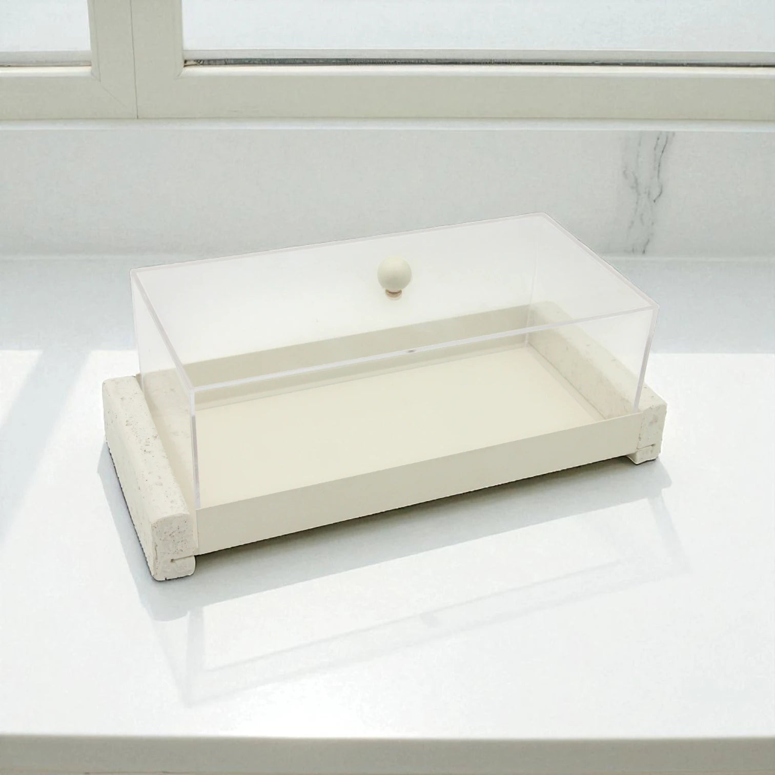Modern Serving Tray with Clear Acrylic Lid – Minimalist White Display Stand with for Pastries, Desserts & Stylish Organization - Damoo