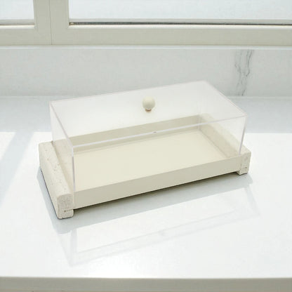 Modern Serving Tray with Clear Acrylic Lid – Minimalist White Display Stand with for Pastries, Desserts & Stylish Organization - Damoo