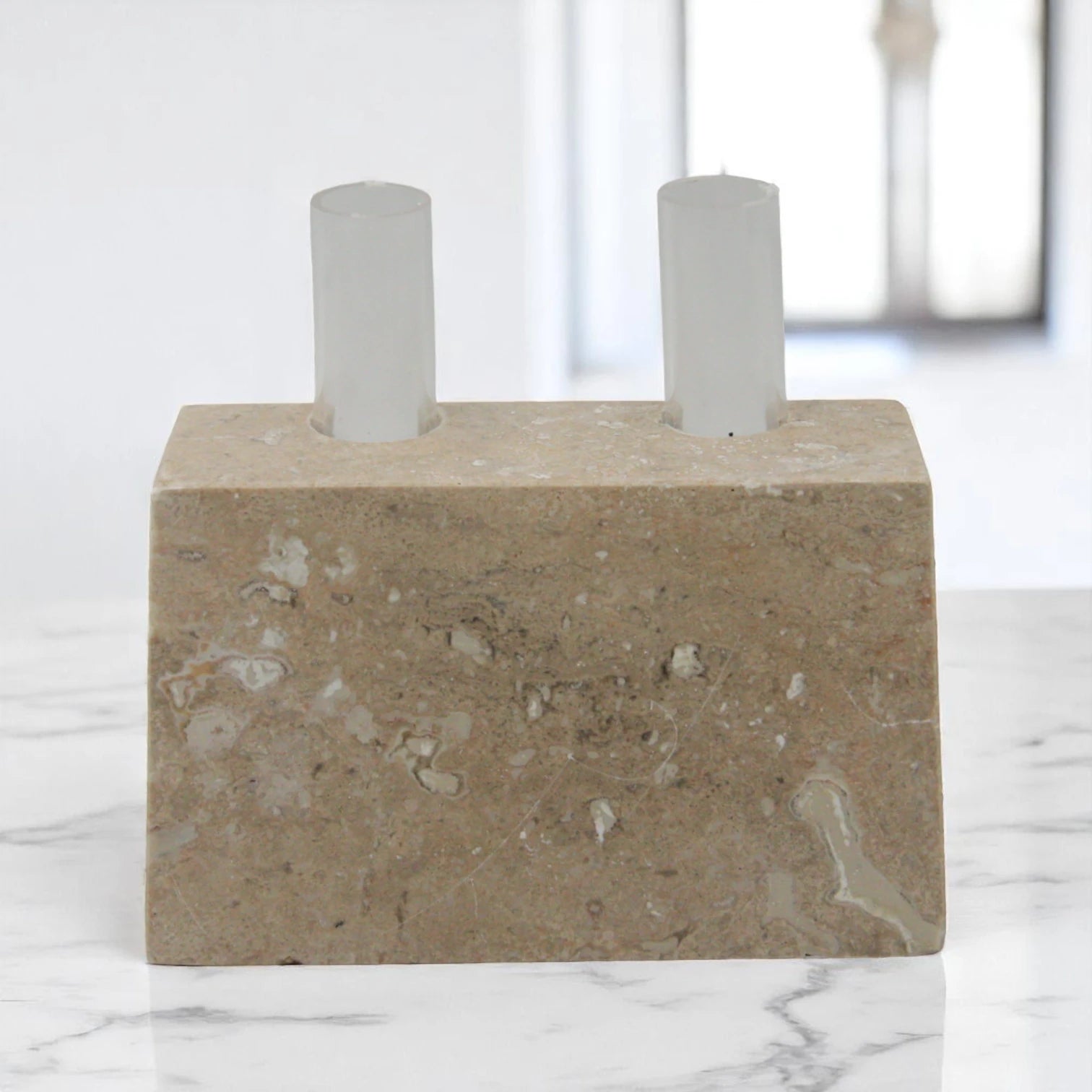 Modern Travertine Beige Vase with Dual Glass Tubes – Sculptural square Stone Vase for Dining Tables, Living Rooms, or Office Decor - Damoo