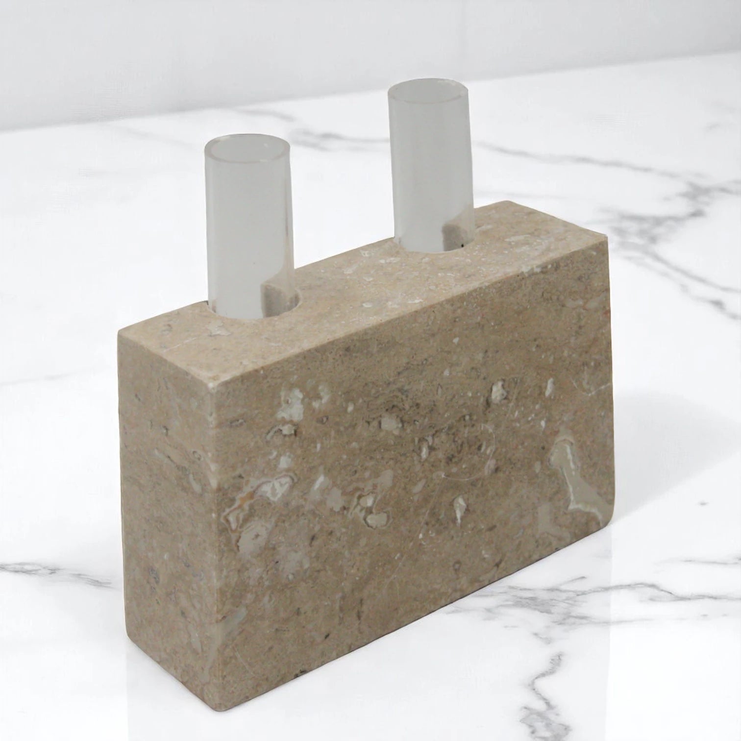 Modern Travertine Beige Vase with Dual Glass Tubes – Sculptural square Stone Vase for Dining Tables, Living Rooms, or Office Decor - Damoo