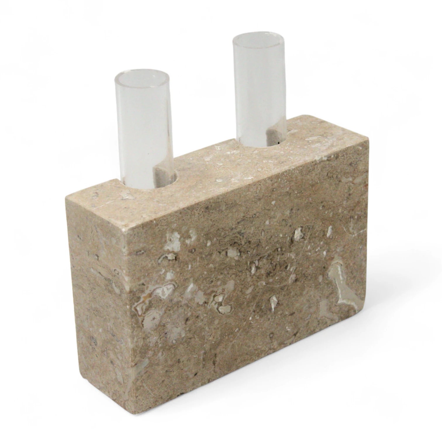 Modern Travertine Beige Vase with Dual Glass Tubes – Sculptural square Stone Vase for Dining Tables, Living Rooms, or Office Decor - Damoo