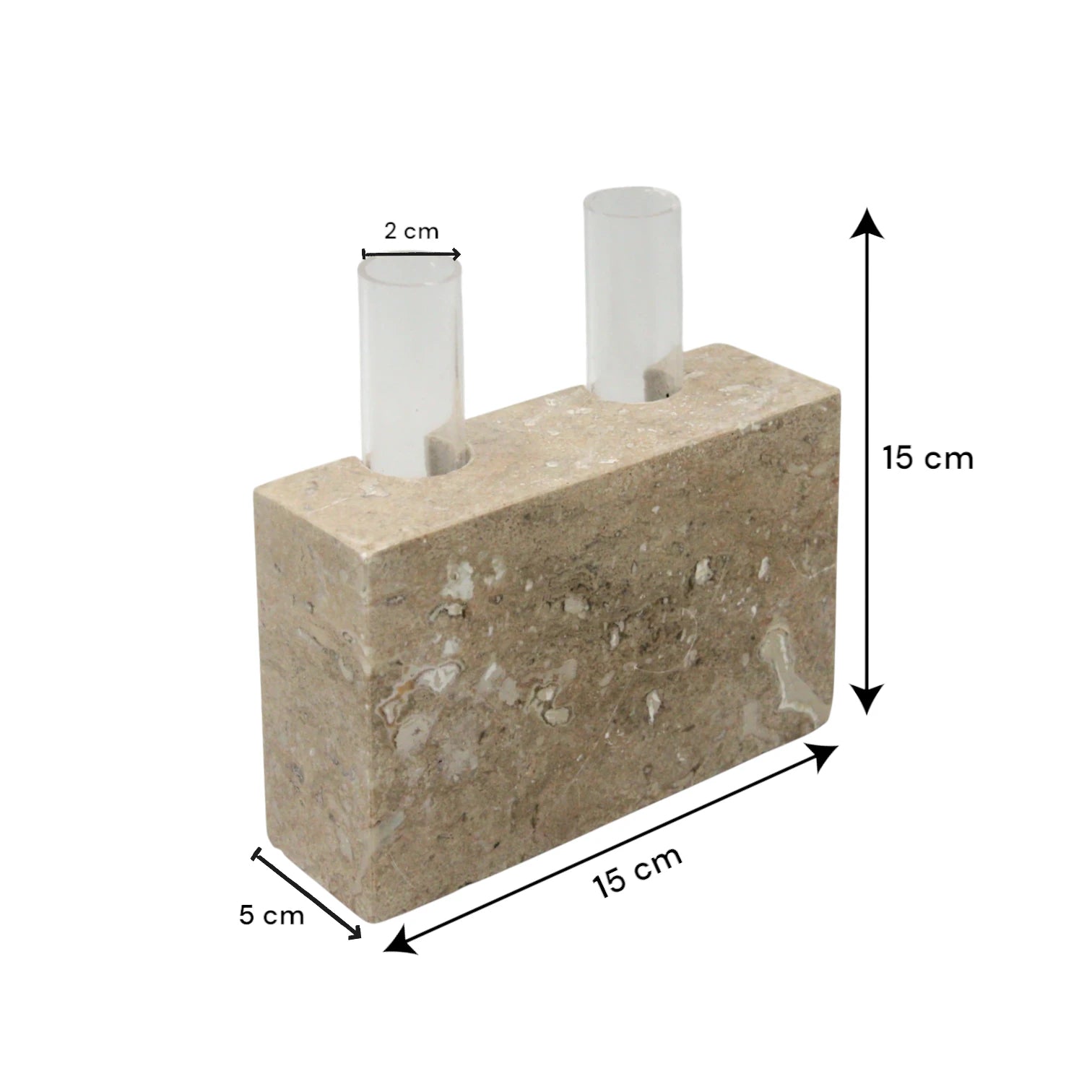 Modern Travertine Beige Vase with Dual Glass Tubes – Sculptural square Stone Vase for Dining Tables, Living Rooms, or Office Decor - Damoo