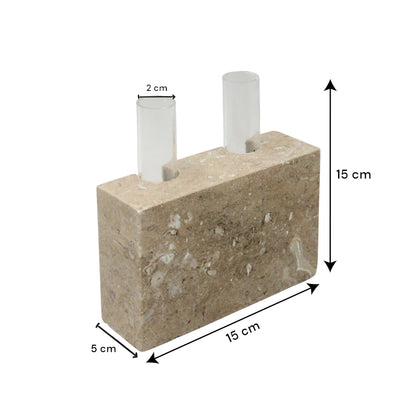 Modern Travertine Beige Vase with Dual Glass Tubes – Sculptural square Stone Vase for Dining Tables, Living Rooms, or Office Decor - Damoo