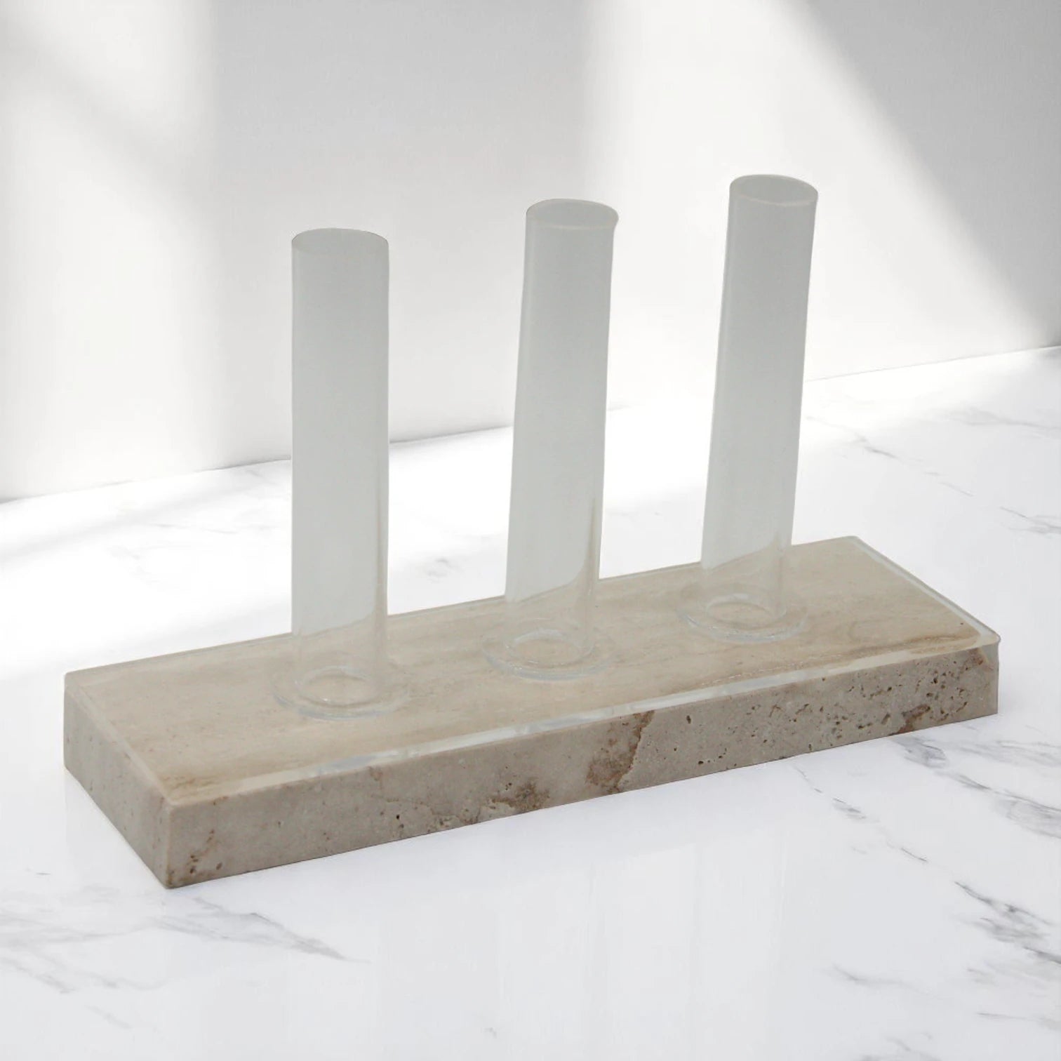 Modern Travertine Beige Vase with Three Clear Tubes – Sculptural Rectangular Stone Centerpiece for Contemporary Living, Dining, or Office Spaces - Damoo