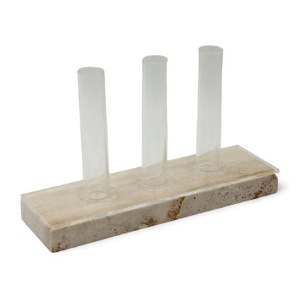 Modern Travertine Beige Vase with Three Clear Tubes – Sculptural Rectangular Stone Centerpiece for Contemporary Living, Dining, or Office Spaces - Damoo