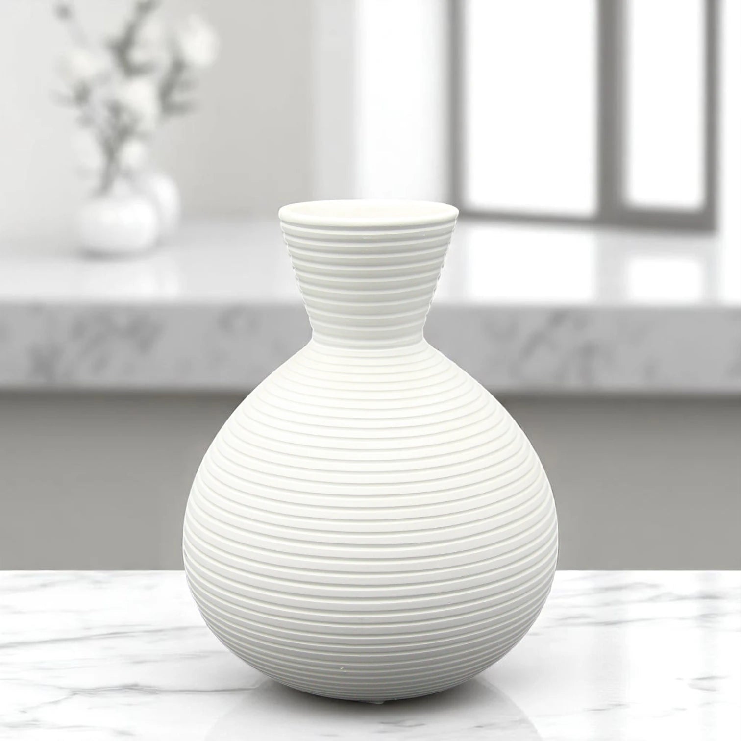 Modern White Ceramic Flower Vase for Home Decor – Textured Ribbed Design, Minimalist Pear-Shaped Decorative Vase for Living Room, Table Centerpiece, Office or Bedroom Arrangement - Damoo