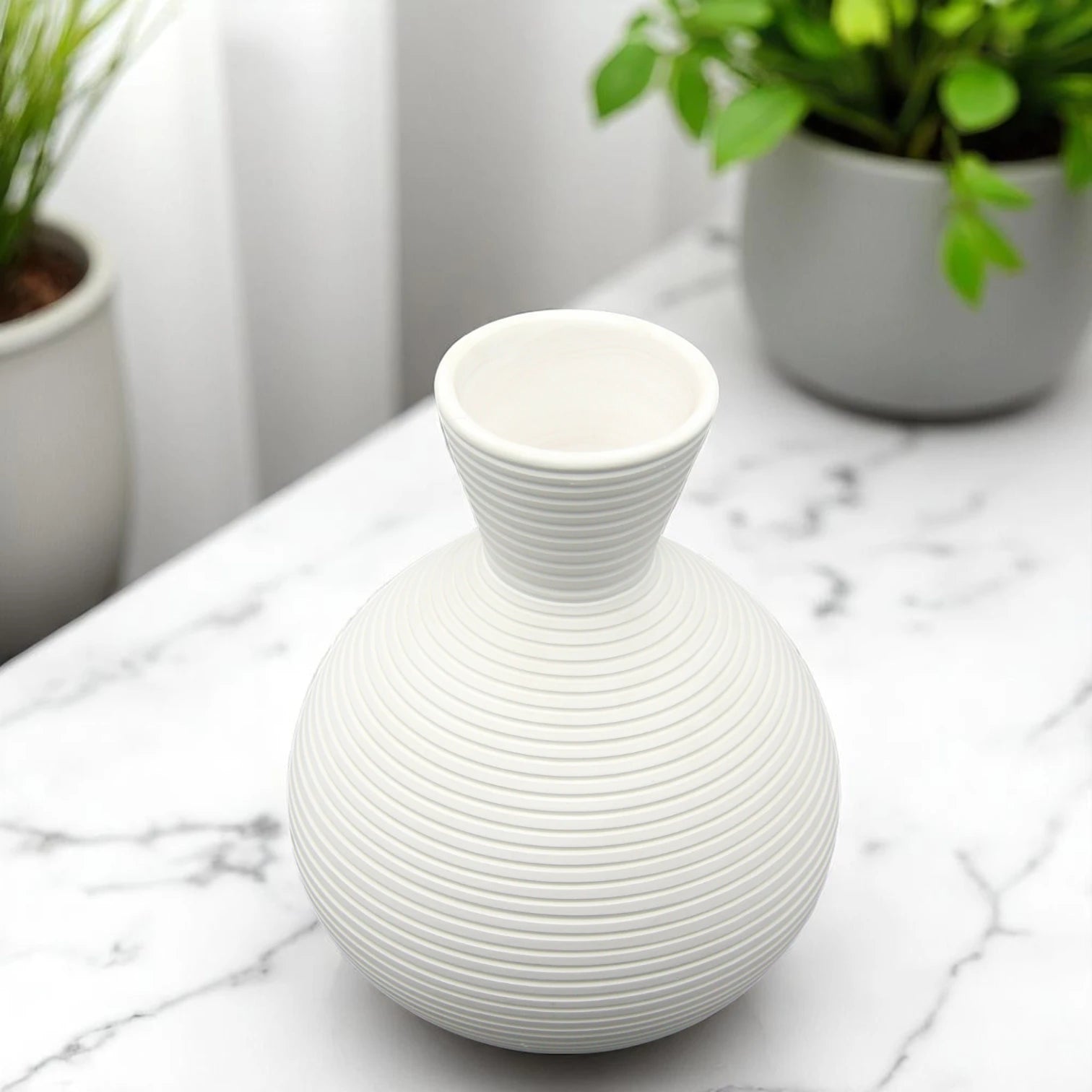 Modern White Ceramic Flower Vase for Home Decor – Textured Ribbed Design, Minimalist Pear-Shaped Decorative Vase for Living Room, Table Centerpiece, Office or Bedroom Arrangement - Damoo