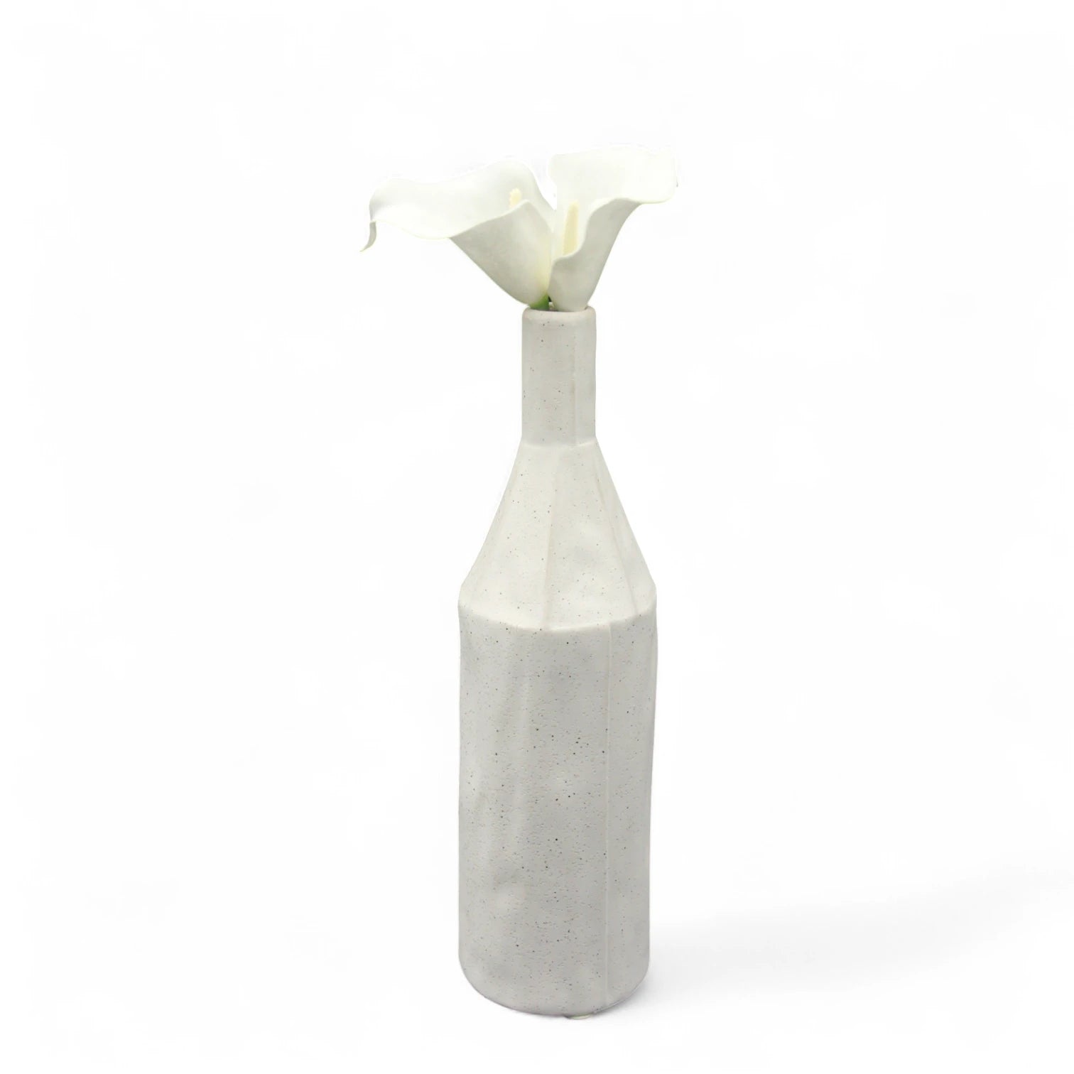 Modern White Geometric Ceramic Vase with Artificial Calla Lily Flowers – Minimalist Decorative Bottle for Home, Office & Event Styling - Damoo