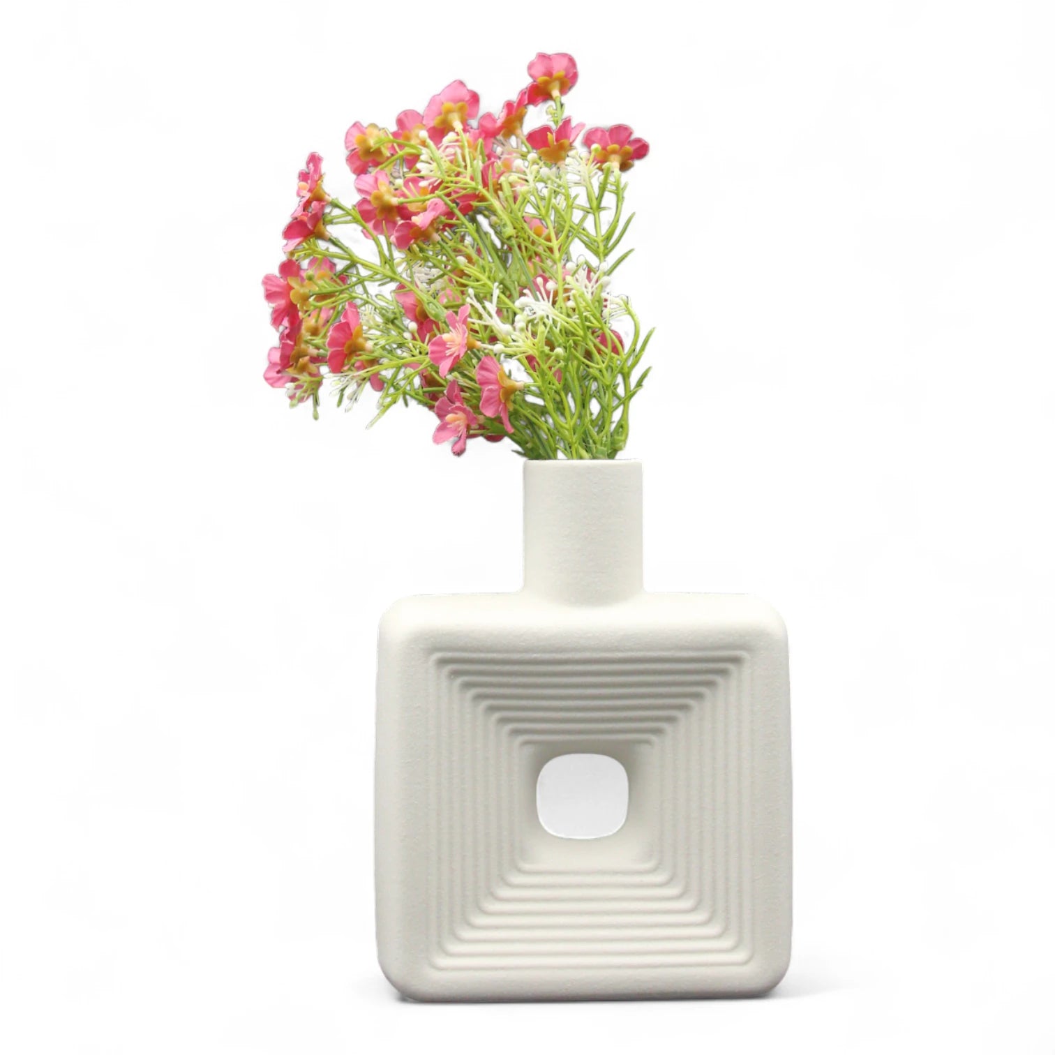 Modern White Square Ceramic Vase with Geometric Cutout Design – Minimalist Matte Finish Decorative Accent for Home, Office, Living Room, Shelf & Table Styling - Damoo
