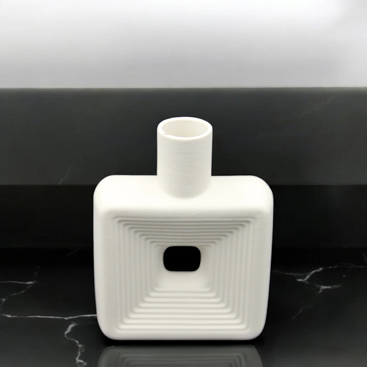 Modern White Square Ceramic Vase with Geometric Cutout Design – Minimalist Matte Finish Decorative Accent for Home, Office, Living Room, Shelf & Table Styling - Damoo